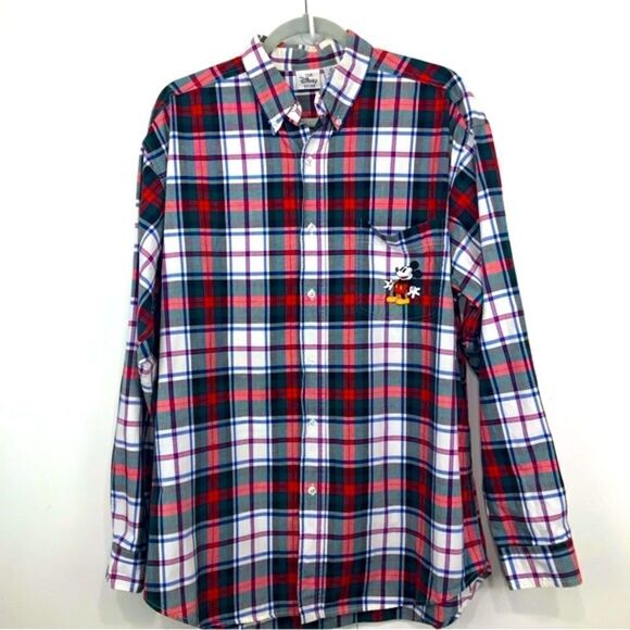 The Disney Store Mickey Mouse Red Green Cotton Plaid Button Down Retro Shirt - Picture 1 of 12